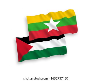 National vector fabric wave flags of Palestine and Myanmar isolated on white background. 1 to 2 proportion.