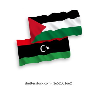 National vector fabric wave flags of Palestine and Libya isolated on white background. 1 to 2 proportion.