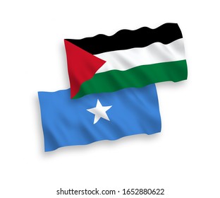 National vector fabric wave flags of Palestine and Somalia isolated on white background. 1 to 2 proportion.
