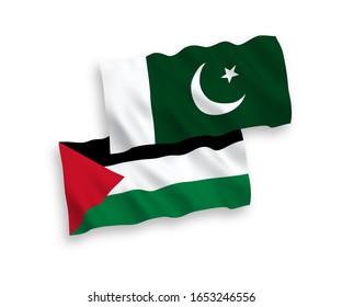 National vector fabric wave flags of Palestine and Pakistan isolated on white background. 1 to 2 proportion.