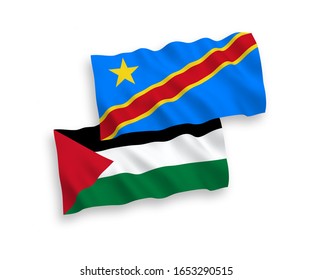 National vector fabric wave flags of Palestine and Democratic Republic of the Congo isolated on white background. 1 to 2 proportion.