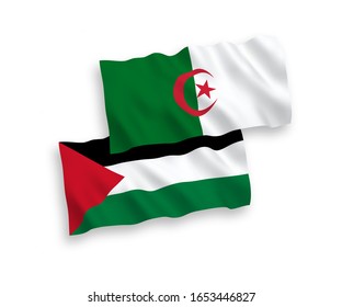 Länderspezifische Vektorillustration-Wellen-Flaggen von Palästina und Algerien einzeln auf weißem Hintergrund. 1 bis 2 %.