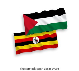 National vector fabric wave flags of Palestine and Uganda isolated on white background. 1 to 2 proportion.