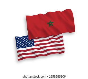 National vector fabric wave flags of Morocco and USA isolated on white background. 1 to 2 proportion.