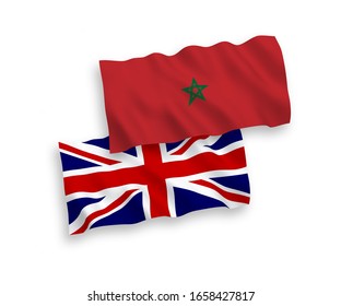 National vector fabric wave flags of Great Britain and Morocco isolated on white background. 1 to 2 proportion.