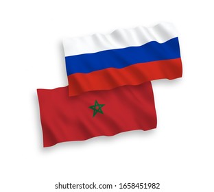 National vector fabric wave flags of Morocco and Russia isolated on white background. 1 to 2 proportion.