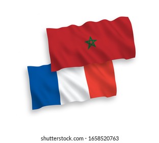 National vector fabric wave flags of France and Morocco isolated on white background. 1 to 2 proportion.
