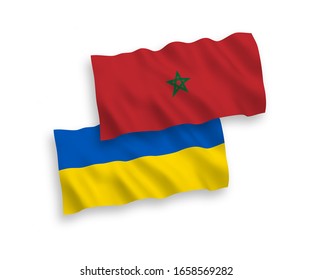 National vector fabric wave flags of Morocco and Ukraine isolated on white background. 1 to 2 proportion.