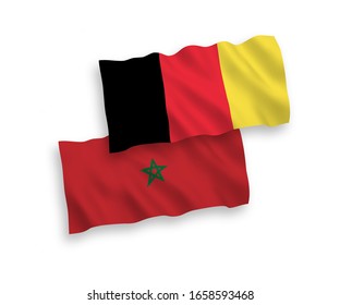 National vector fabric wave flags of Morocco and Belgium isolated on white background. 1 to 2 proportion.