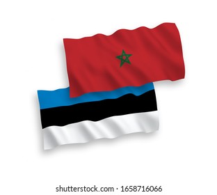 National vector fabric wave flags of Estonia and Morocco isolated on white background. 1 to 2 proportion.