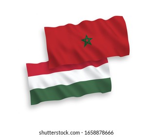 National vector fabric wave flags of Morocco and Hungary isolated on white background. 1 to 2 proportion.