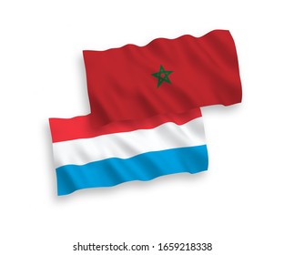 National vector fabric wave flags of Morocco and Luxembourg isolated on white background. 1 to 2 proportion.