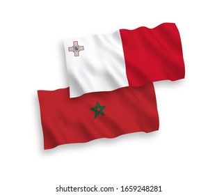 National vector fabric wave flags of Malta and Morocco isolated on white background. 1 to 2 proportion.