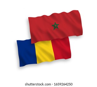 National vector fabric wave flags of Romania and Morocco isolated on white background. 1 to 2 proportion.