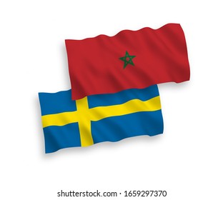National vector fabric wave flags of Sweden and Morocco isolated on white background. 1 to 2 proportion.