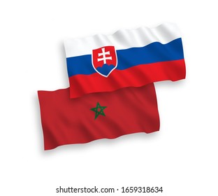 National vector fabric wave flags of Slovakia and Morocco isolated on white background. 1 to 2 proportion.