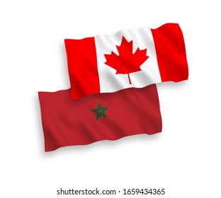 National vector fabric wave flags of Canada and Morocco isolated on white background. 1 to 2 proportion.