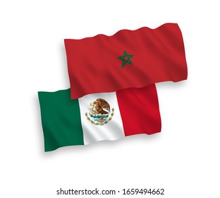 National vector fabric wave flags of Mexico and Morocco isolated on white background. 1 to 2 proportion.