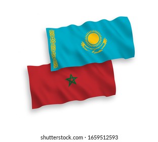 Banderas de tela vectorial nacional de Kazajistán y Marruecos aisladas en fondo blanco. 1 a 2 proporciones.