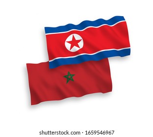 National vector fabric wave flags of North Korea and Morocco isolated on white background. 1 to 2 proportion.
