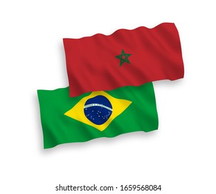 National vector fabric wave flags of Brazil and Morocco isolated on white background. 1 to 2 proportion.