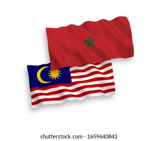 National vector fabric wave flags of Morocco and Malaysia isolated on white background. 1 to 2 proportion.