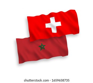 National vector fabric wave flags of Morocco and Switzerland isolated on white background. 1 to 2 proportion.