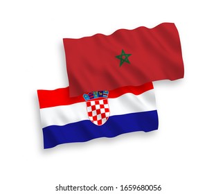 National vector fabric wave flags of Morocco and Croatia isolated on white background. 1 to 2 proportion.