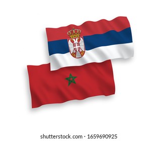National vector fabric wave flags of Morocco and Serbia isolated on white background. 1 to 2 proportion.