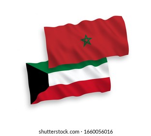 National vector fabric wave flags of Morocco and Kuwait isolated on white background. 1 to 2 proportion.
