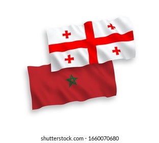 National vector fabric wave flags of Morocco and Georgia isolated on white background. 1 to 2 proportion.