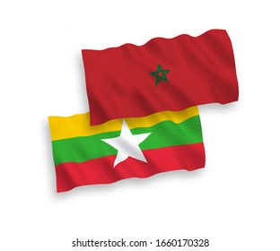 National vector fabric wave flags of Morocco and Myanmar isolated on white background. 1 to 2 proportion.