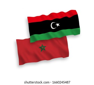 Banderas nacionales de tejido vectorial de Marruecos y Libia aisladas en fondo blanco. 1 a 2 proporciones.