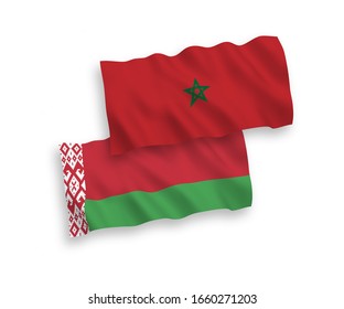National vector fabric wave flags of Morocco and Belarus isolated on white background. 1 to 2 proportion.