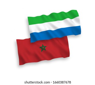 National vector fabric wave flags of Morocco and Sierra Leone isolated on white background. 1 to 2 proportion.