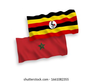 National vector fabric wave flags of Morocco and Uganda isolated on white background. 1 to 2 proportion.