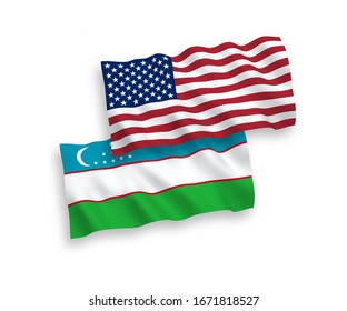 National vector fabric wave flags of Uzbekistan and USA isolated on white background. 1 to 2 proportion.