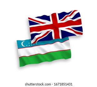 Banderas nacionales de tejido vectorial de Gran Bretaña y Uzbekistán aisladas en fondo blanco. 1 a 2 proporciones.