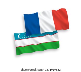 Banderas de tela vectorial nacional ondeando banderas de Francia y Uzbekistán aisladas en fondo blanco. 1 a 2 proporciones.