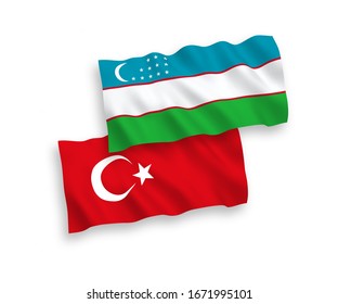 National vector fabric wave flags of Turkey and Uzbekistan isolated on white background. 1 to 2 proportion.