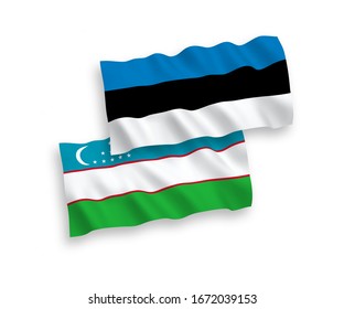 National vector fabric wave flags of Estonia and Uzbekistan isolated on white background. 1 to 2 proportion.