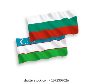 National vector fabric wave flags of Bulgaria and Uzbekistan isolated on white background. 1 to 2 proportion.