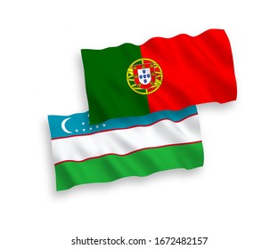National vector fabric wave flags of Portugal and Uzbekistan isolated on white background. 1 to 2 proportion.