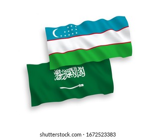 Banderas de telas vectoriales nacionales de Arabia Saudita y Uzbekistán aisladas en fondo blanco. 1 a 2 proporciones.