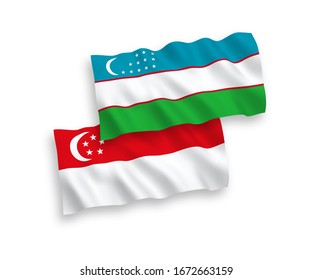 National vector fabric wave flags of Uzbekistan and Singapore isolated on white background. 1 to 2 proportion.