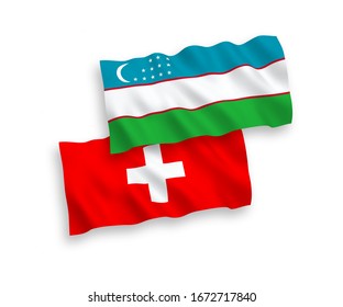 National vector fabric wave flags of Uzbekistan and Switzerland isolated on white background. 1 to 2 proportion.