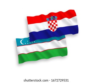 National vector fabric wave flags of Uzbekistan and Croatia isolated on white background. 1 to 2 proportion.