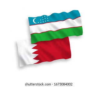 Banderas de tela vectorial nacional de Uzbekistán y Bahréin aisladas en fondo blanco. 1 a 2 proporciones.