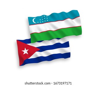 National vector fabric wave flags of Uzbekistan and Cuba isolated on white background. 1 to 2 proportion.