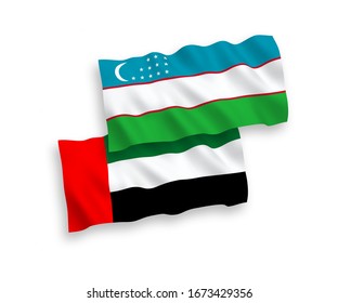Banderas de tejido vectorial nacional de Uzbekistán y los Emiratos Árabes Unidos aislados en fondo blanco. 1 a 2 proporciones.